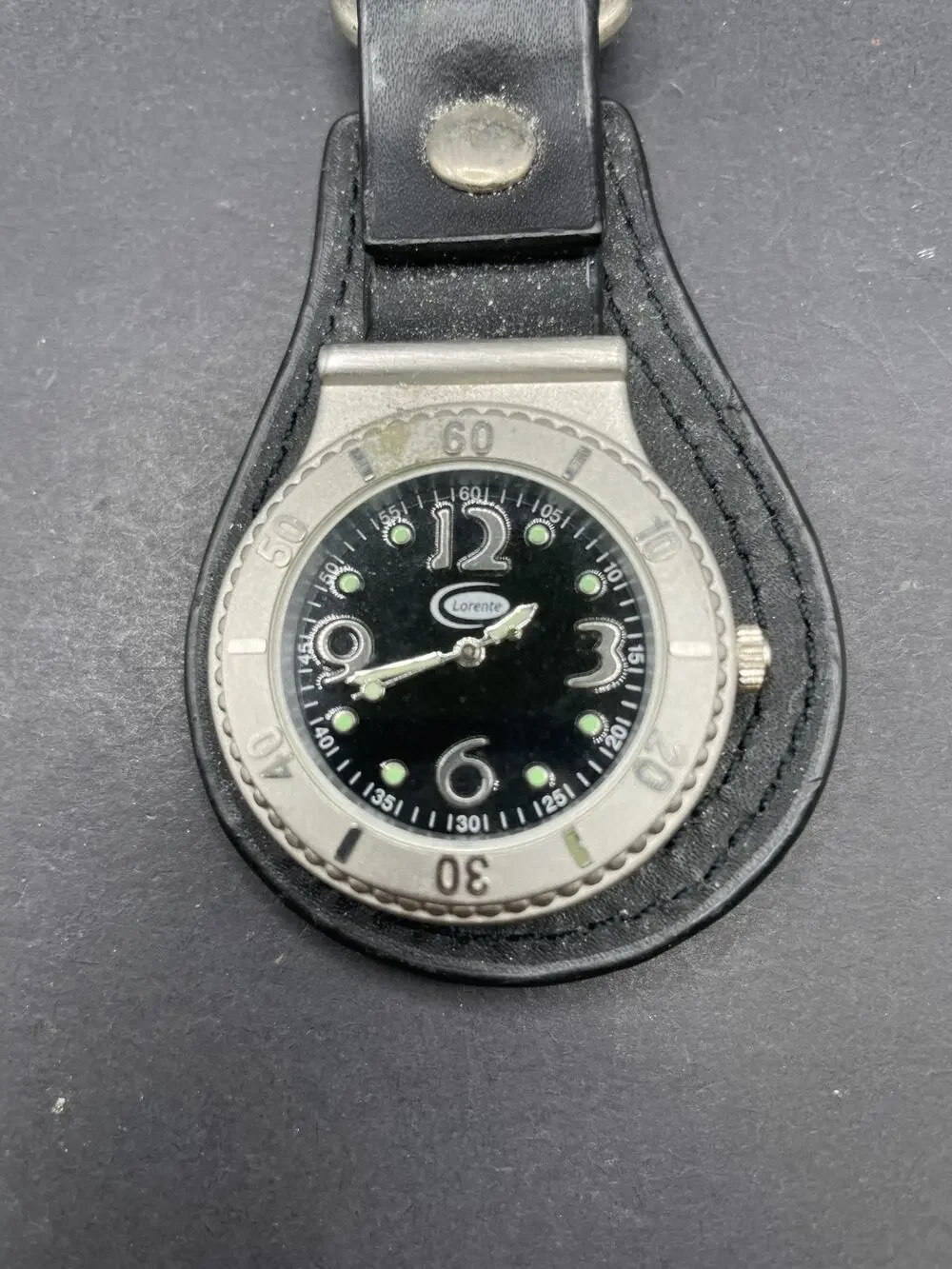 Vtg Lorente Clip Watch Hutch 2008 Leather Fob Keychain Hook Black Dial 41mm